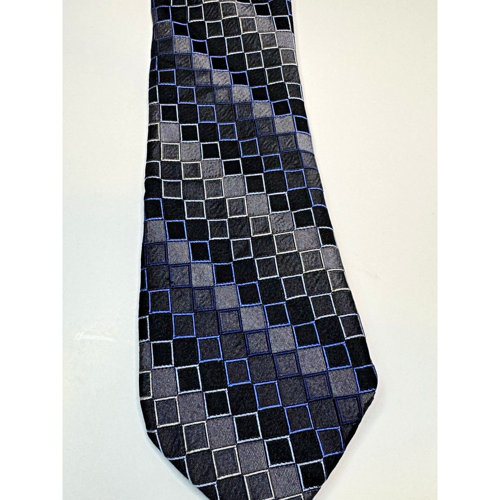 Kenneth Cole Reaction Men's Geometric Woven 100% Silk Tie Black Gray Blue